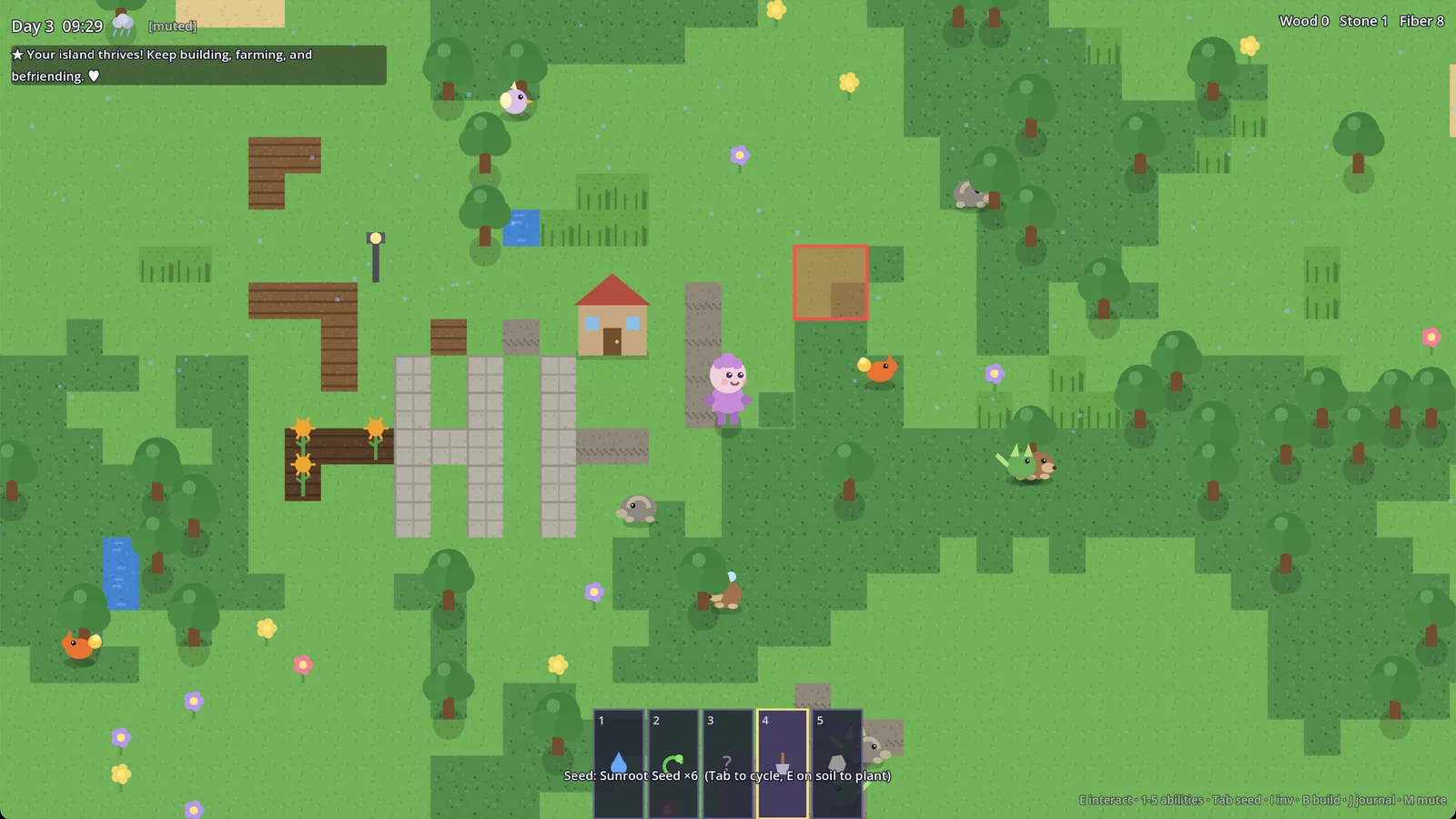 Daytime in Blobbo's Island: a built-out island with fences, paths, crops, and creatures.