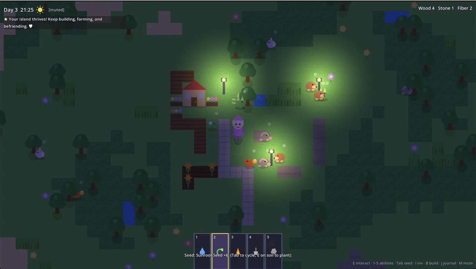 Night in Blobbo's Island, lit by lamp posts, with snore bubbles above sleeping creatures.