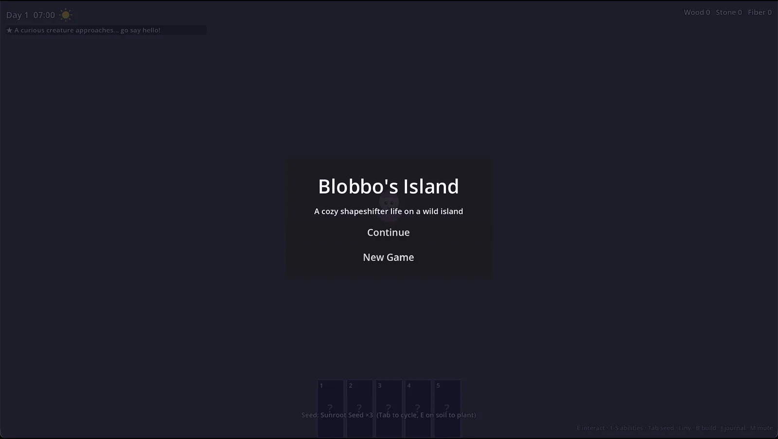 Fable's main menu: Blobbo's Island, with Continue and New Game overlaid on the night-time game world.
