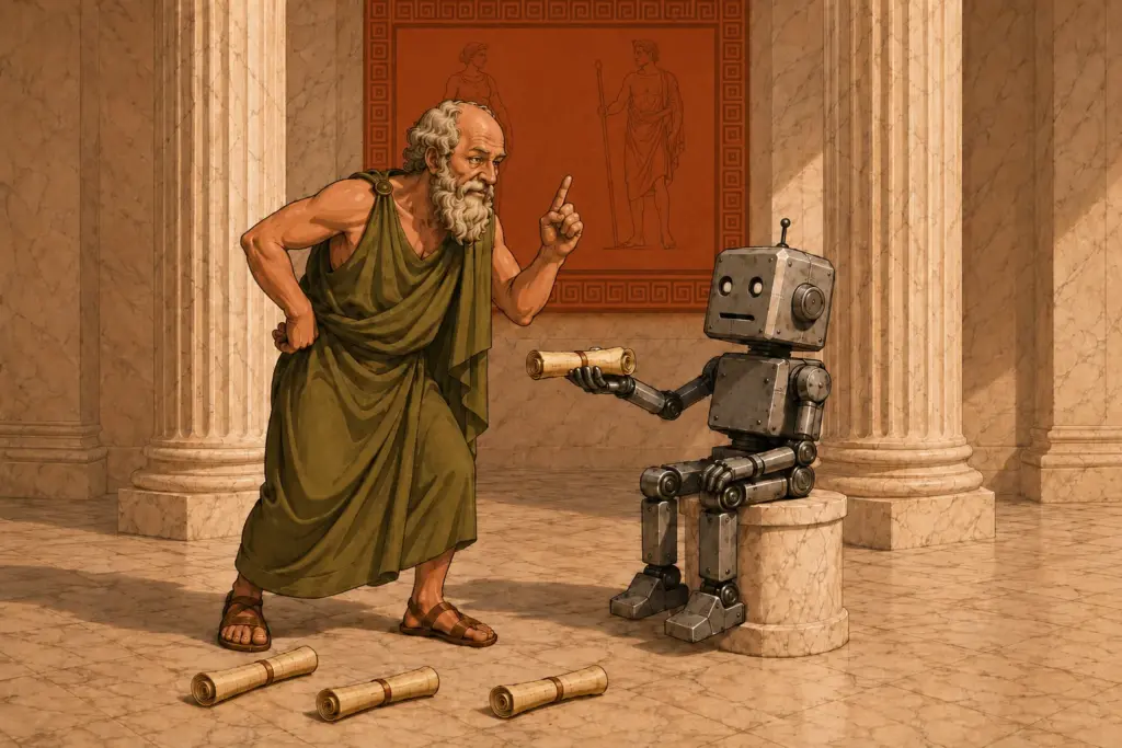 Socrates in an olive robe leans forward mid-argument, one finger raised, while a small deadpan gray robot seated on a marble plinth holds out a finished scroll; three scrolls lie on the marble floor between them, beneath a terracotta fresco in a columned hall.