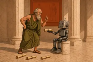 Socrates in an olive robe leans forward mid-argument, one finger raised, while a small deadpan gray robot seated on a marble plinth holds out a finished scroll; three scrolls lie on the marble floor between them, beneath a terracotta fresco in a columned hall.