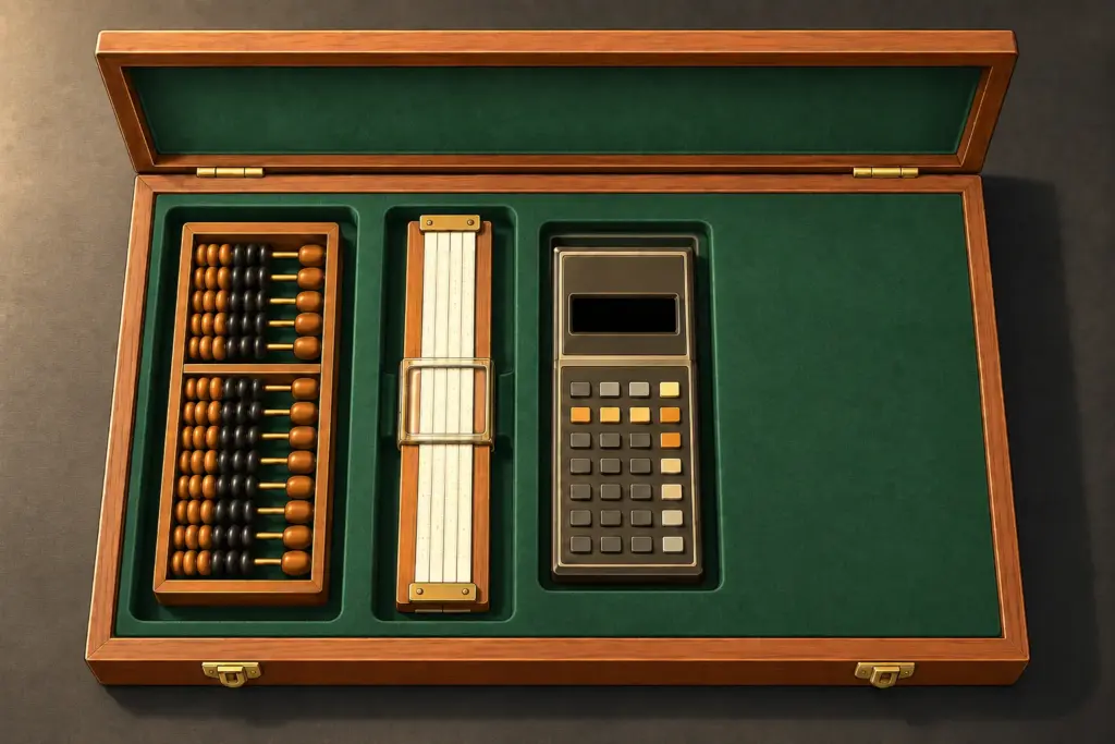 An open wooden collector's case lined with green velvet, holding an abacus, a slide rule, and a vintage pocket calculator in fitted recesses, beside a smooth uncut section where a fourth instrument would go.