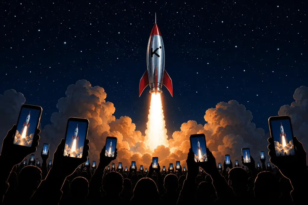 A crowd in black silhouette holds up dozens of glowing phones, each screen showing the launch they are all filming: a chrome rocket marked with a black K climbing into a starry night sky on a pillar of white flame above billowing amber smoke.