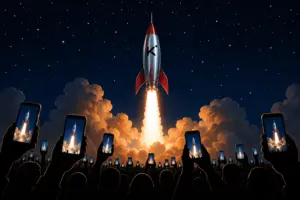 A crowd in black silhouette holds up dozens of glowing phones, each screen showing the launch they are all filming: a chrome rocket marked with a black K climbing into a starry night sky on a pillar of white flame above billowing amber smoke.