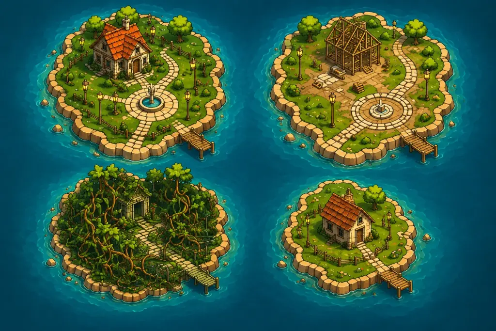 Four cartoon islands of the same shape on deep teal water: one lush and fully built out with a cottage, fountain, and lamp posts; one frozen mid-construction with exposed wooden framing; one overgrown with tangled vines; one small and plain but complete.