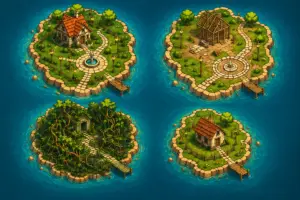 Four cartoon islands of the same shape on deep teal water: one lush and fully built out with a cottage, fountain, and lamp posts; one frozen mid-construction with exposed wooden framing; one overgrown with tangled vines; one small and plain but complete.