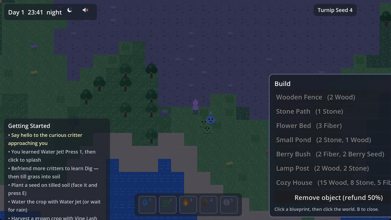 Kimi's build menu in Muddle's Meadow.