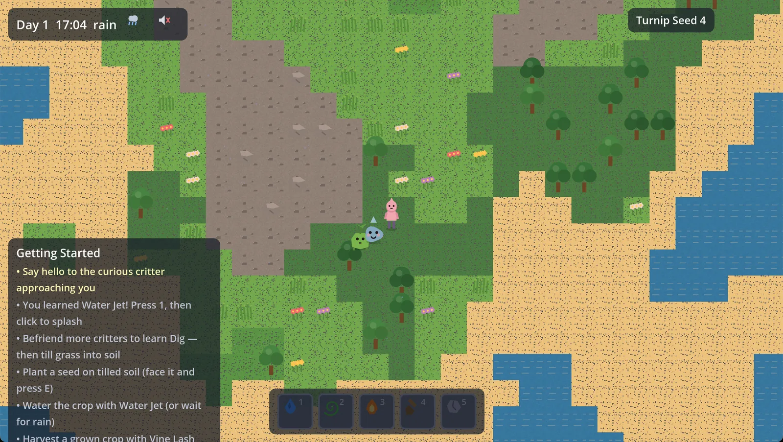 Daytime in Muddle's Meadow: procedural terrain with flowers and creatures.