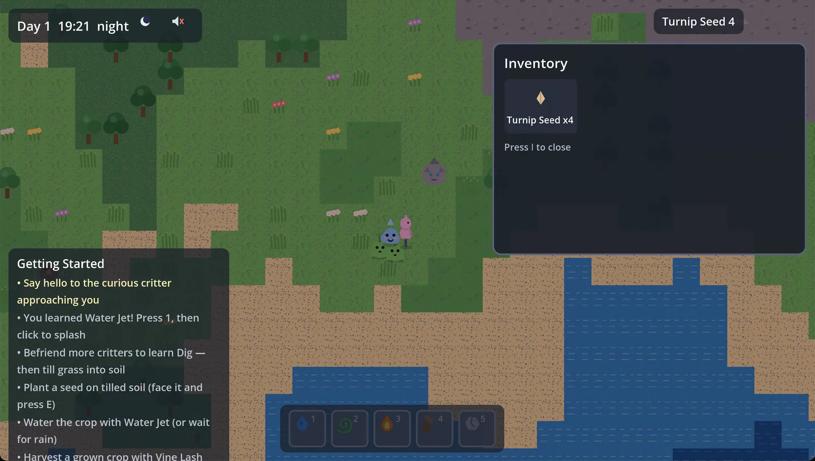 Kimi's inventory screen in Muddle's Meadow.