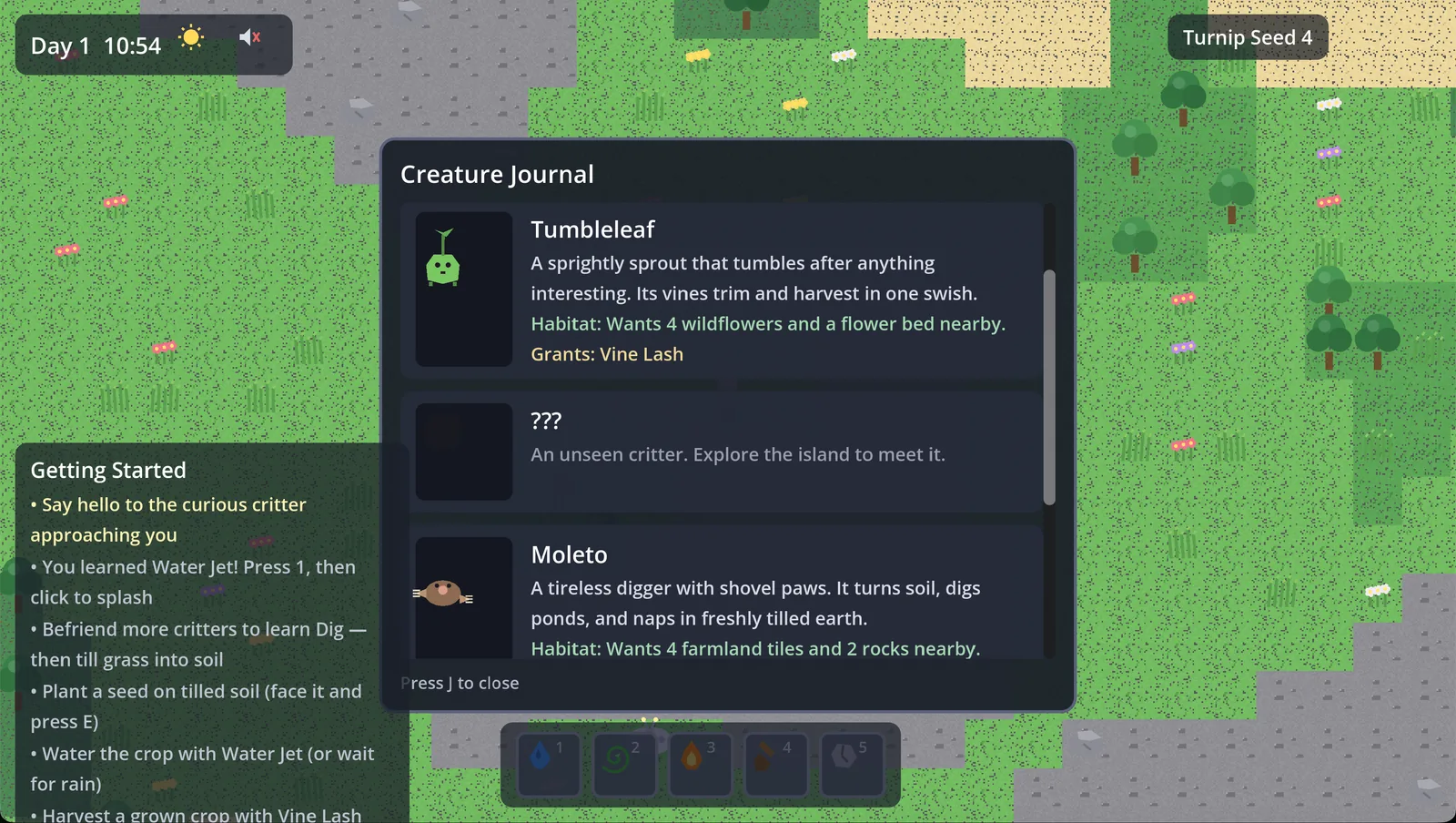 Kimi's creature journal in Muddle's Meadow.