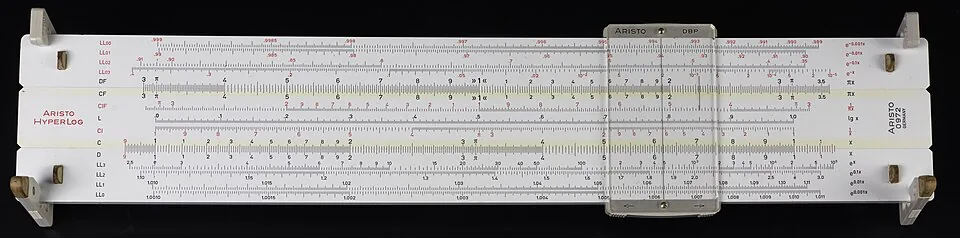 An Aristo 0972 HyperLog duplex slide rule from 1973, its scales covered in fine gradations.