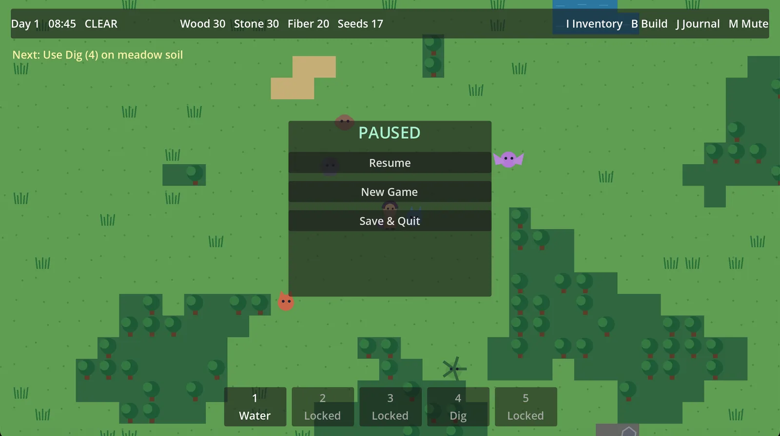 Sol's pause-menu overlay in Shapehaven Island: Resume, New Game, and Save & Quit over the paused game world.