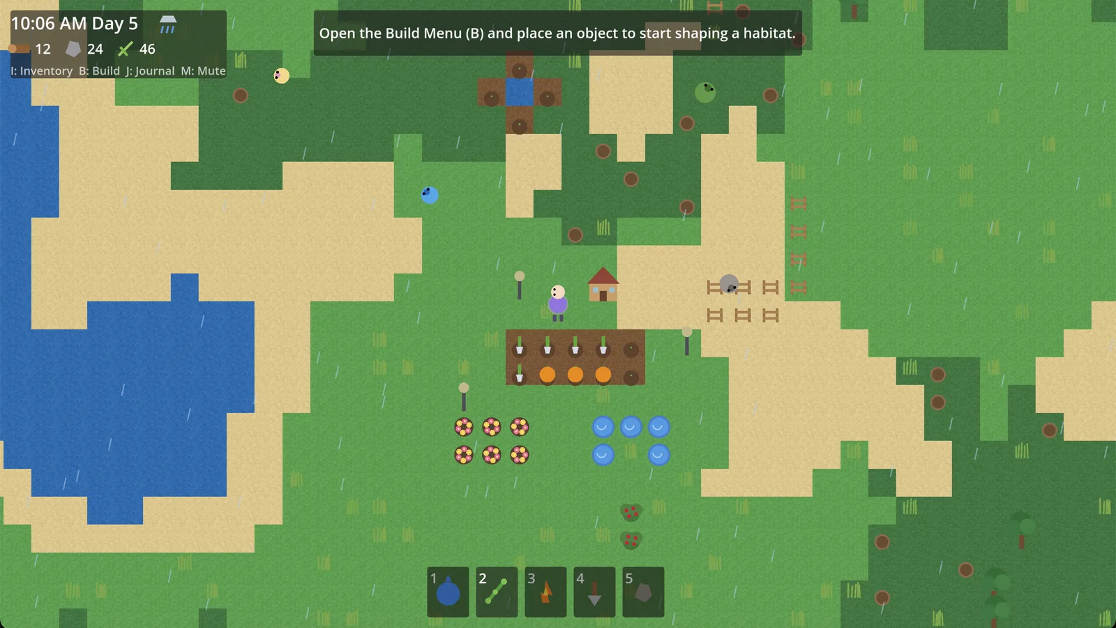 Daytime in Islet with a very visible rain effect over crops and builds.