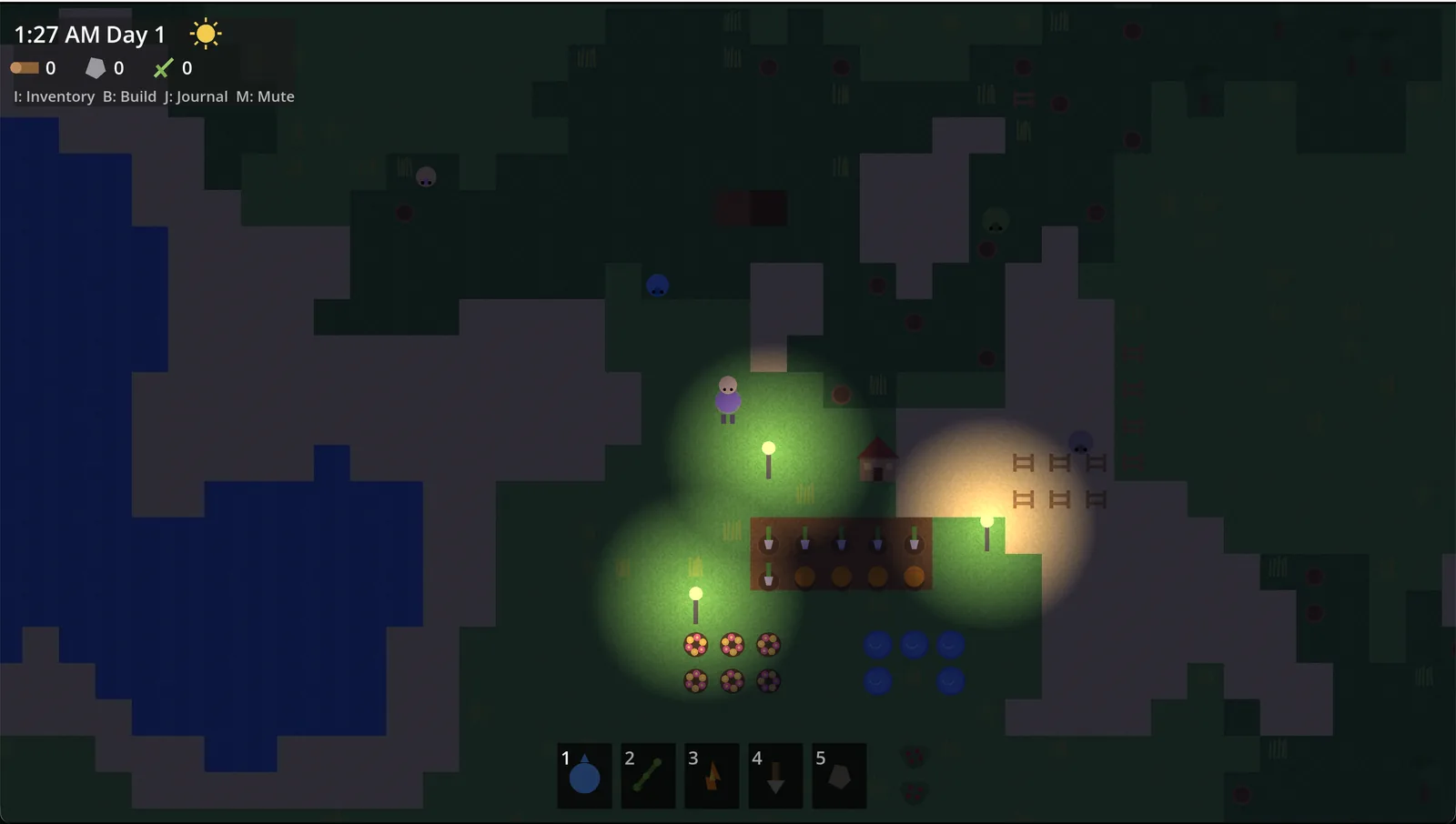 Night in Islet - very dark, with small pools of light.