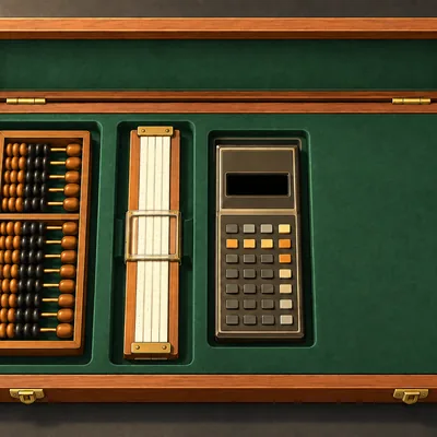 An open wooden collector's case lined with green velvet, holding an abacus, a slide rule, and a vintage pocket calculator in fitted recesses, beside a smooth uncut section where a fourth instrument would go.