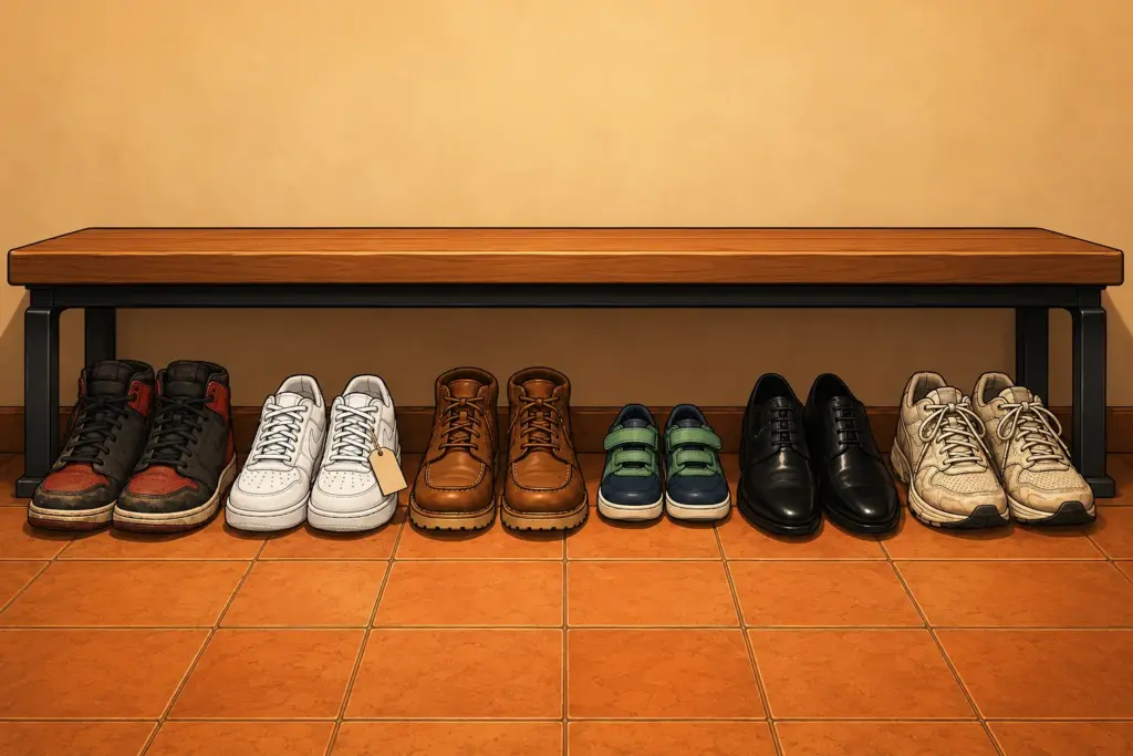 Six different pairs of shoes lined up under a wooden locker-room bench, all pointing the same way: scuffed high-tops, new white sneakers with the tag still on, work boots, small green-strap kids' trainers, polished black dress shoes, and worn cream running shoes.