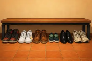Six different pairs of shoes lined up under a wooden locker-room bench, all pointing the same way: scuffed high-tops, new white sneakers with the tag still on, work boots, small green-strap kids' trainers, polished black dress shoes, and worn cream running shoes.