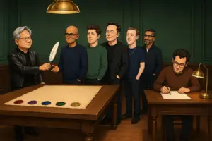 Cartoon caricatures of tech leaders in a green wood-paneled hall: Jensen Huang hands an oversized quill to Satya Nadella at the head of a long table holding a parchment with five wax seals, while Sam Altman, Elon Musk, Mark Zuckerberg, and Sundar Pichai wait in line and Dario Amodei sits apart at a small desk writing his own letter.