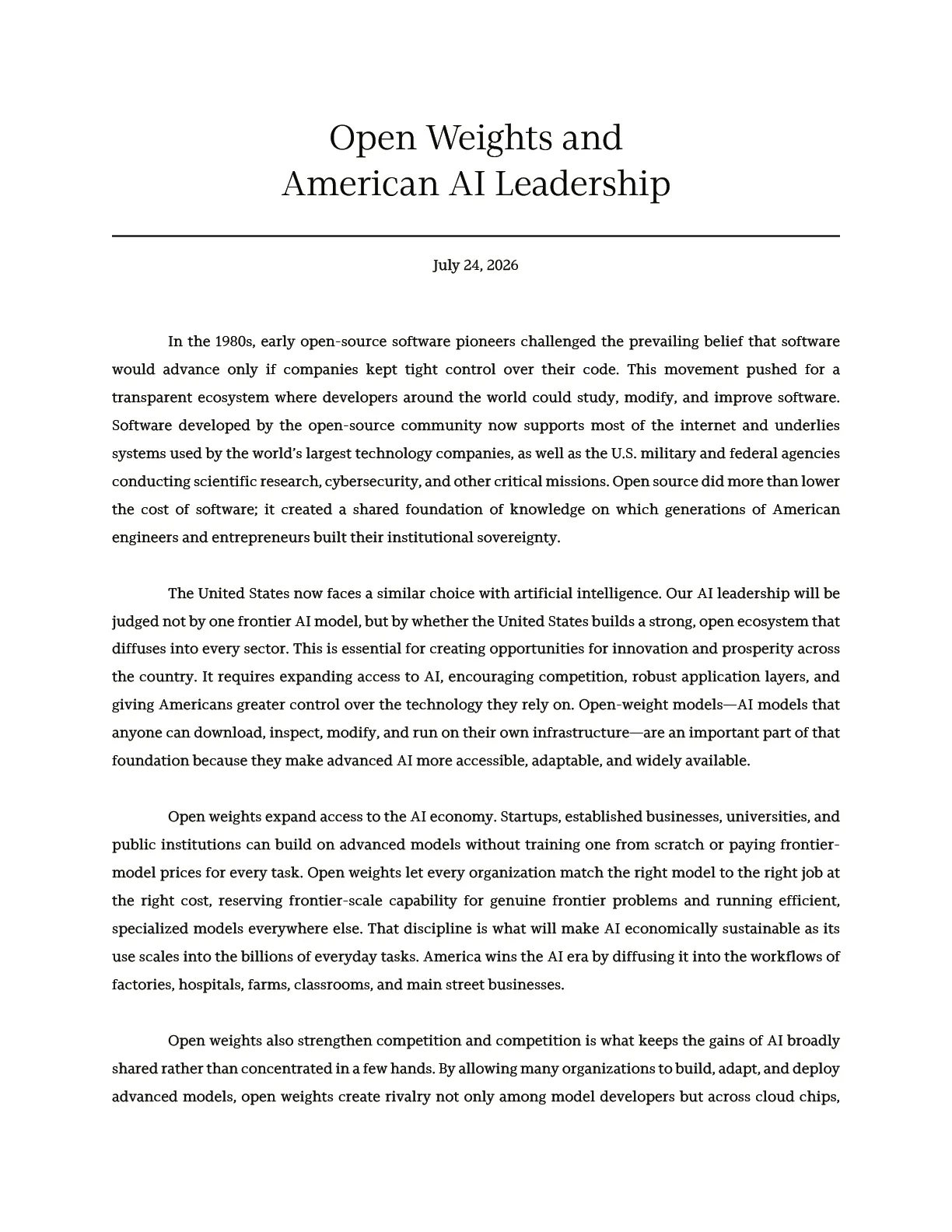 The first page of the letter titled "Open Weights and American AI Leadership", dated July 24, 2026.