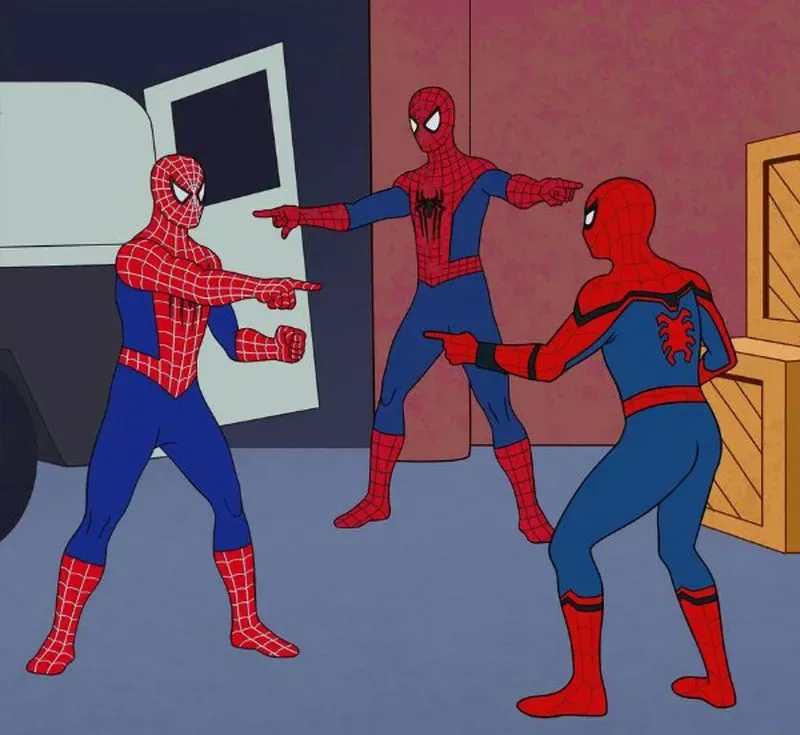 The triple Spider-Man meme: three identical Spider-Men pointing at each other.