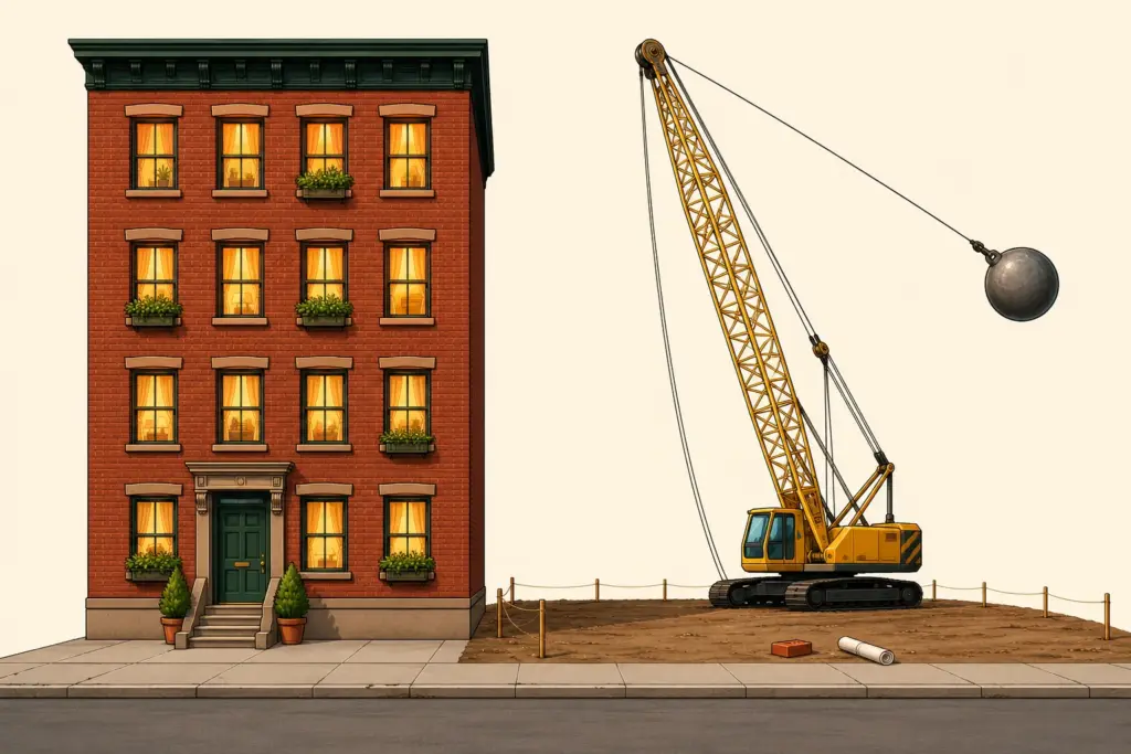 A four-story brick apartment building with every window lit and plants in the window boxes, beside an empty dirt lot where a yellow crawler crane holds its wrecking ball drawn back, an instant before swinging into the building. A single brick and a rolled-up drawing lie in the dirt.