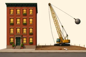 A four-story brick apartment building with every window lit and plants in the window boxes, beside an empty dirt lot where a yellow crawler crane holds its wrecking ball drawn back, an instant before swinging into the building. A single brick and a rolled-up drawing lie in the dirt.